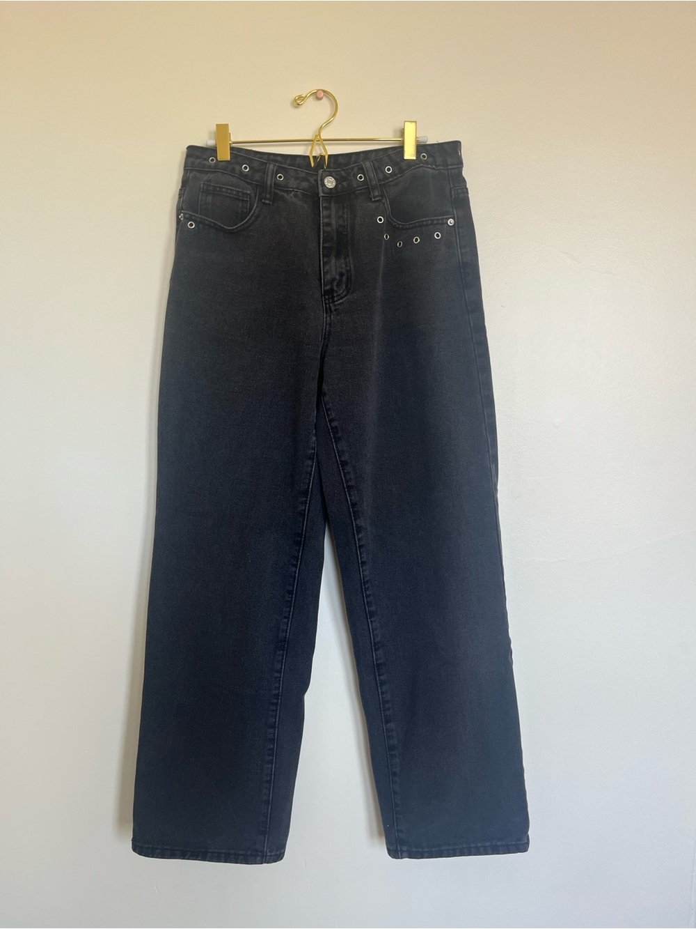 Motel Rocks Black Wide-Leg High-Rise Jeans with Grommet Detail
